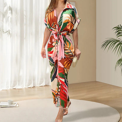 🔥Summer Hot Sale🔥Printed Waist Cinching Shirt Dress