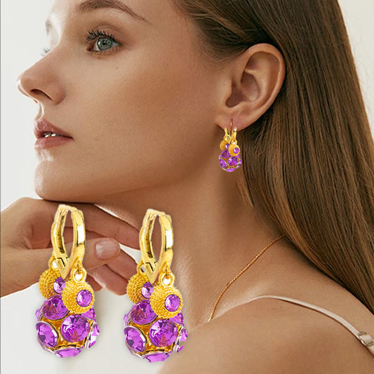 Vintage Gold-Plated Hoop Earrings with Purple Crystal Sphere